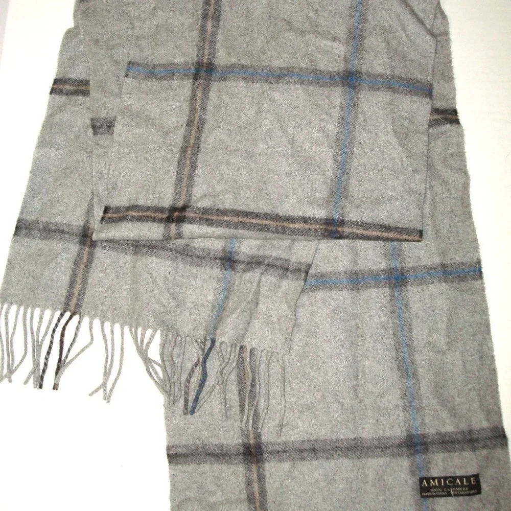 New Amicale 100% Cashmere Scarf Mens Womens 60 x 12 Gray Blue Black Fringe Tan